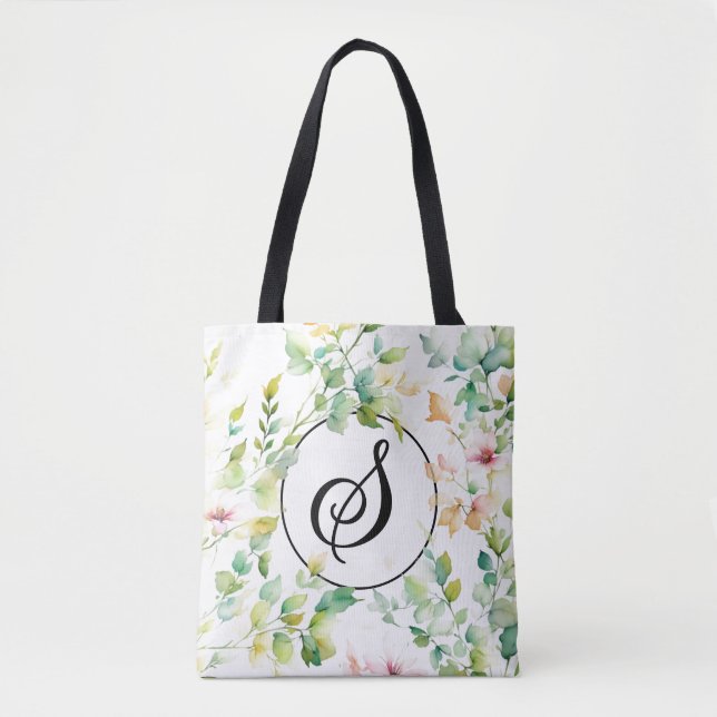 Tote Bag Élégant script botanique aquarelle fleurs sauvages (Devant)