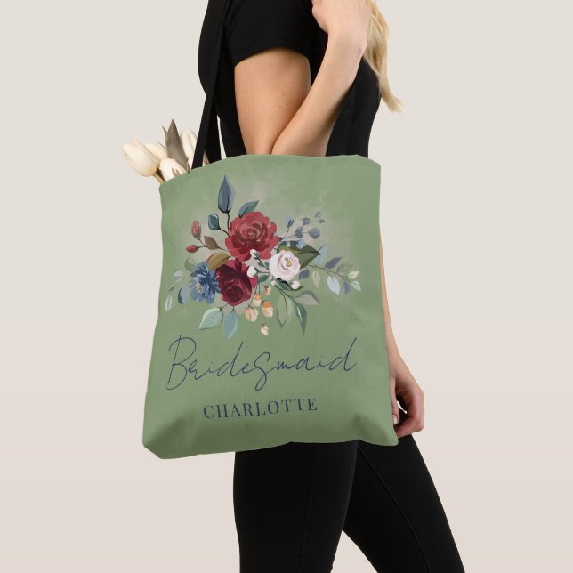 Tote Bag Élégant Script Floral Bourgogne Demoiselle d'Honne (De près)