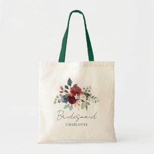 Tote Bag Élégant Script Floral Bourgogne Mariage Bridesmaid