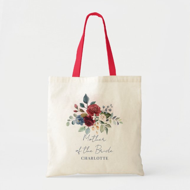 Tote Bag Élégant script floral Bourgogne mère de la mariée (Devant)