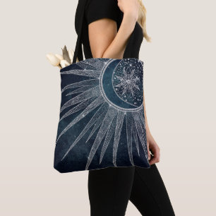 Tote Bag Elégant Silver Sun Moon Doodle Mandala Blue Design