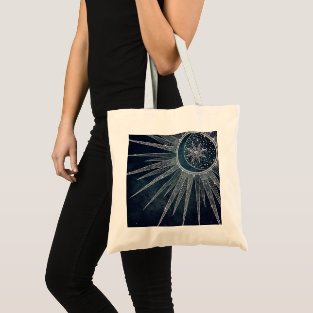Tote Bag Elegant Silver Sun Moon Doodle Mandala Blue Design (Devant (produit))