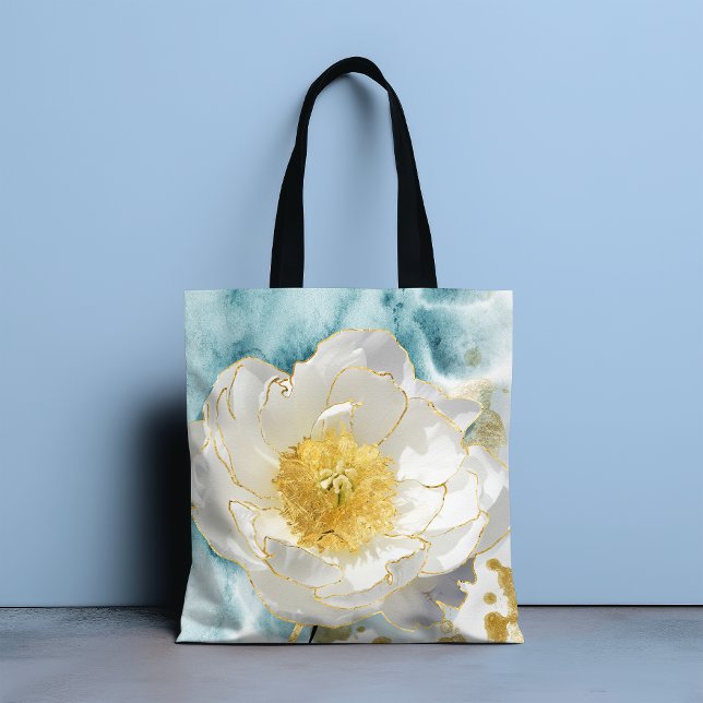 Tote Bag Élégant Simple Fleur Blanche Luxe Or Aquarelle (Créateur téléchargé)