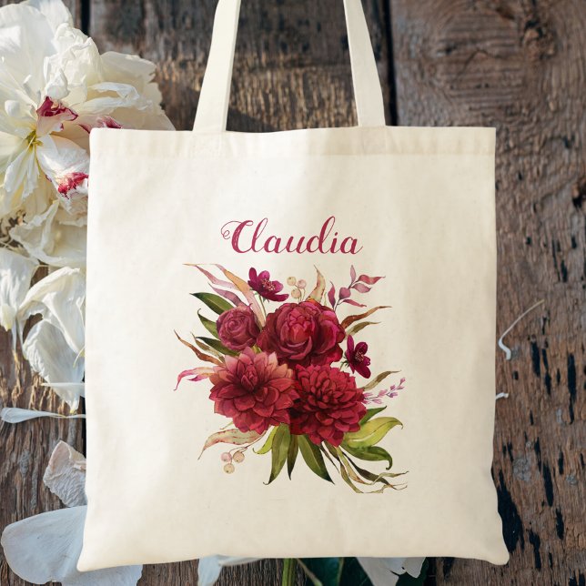 Tote Bag Élégant Simple Monogramme Floral Bourgogne Demoise (Créateur téléchargé)