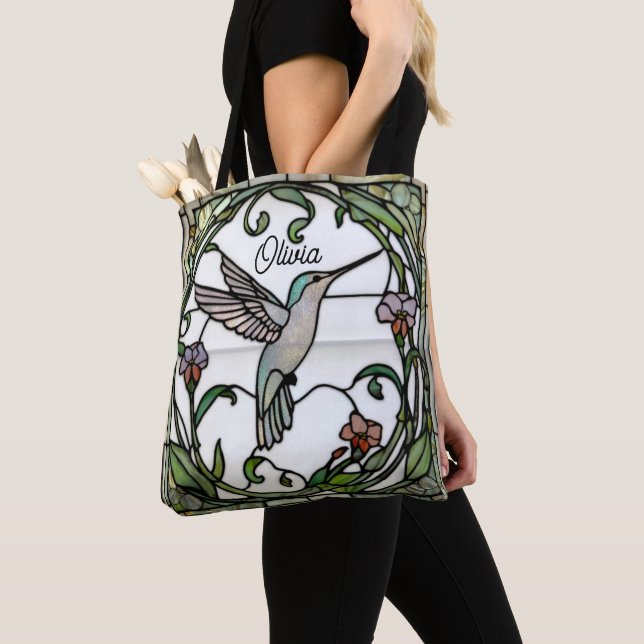 Tote Bag Elegant stain glass art nouveau hummingbird (De près)