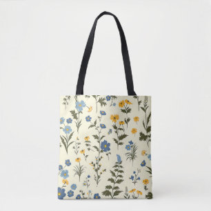 Tote Bag Élégant Style Mignon Bleu Botanique Floral