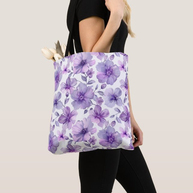 Tote Bag Élégant Stylish Cute Boho Purple Botanique Floral (De près)