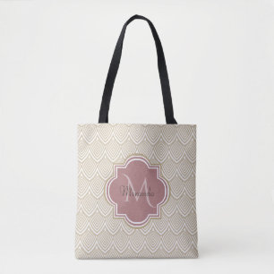 Tote Bag Élégant Tan Arched Scallops Mauve Monogramme Nom