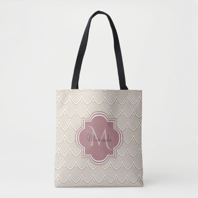 Tote Bag Élégant Tan Arched Scallops Mauve Monogramme Nom (Devant)