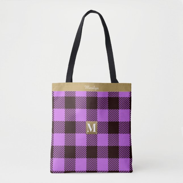 Tote Bag Élégant Tartan Tartan Nom du monogramme de cuir d' (Devant)