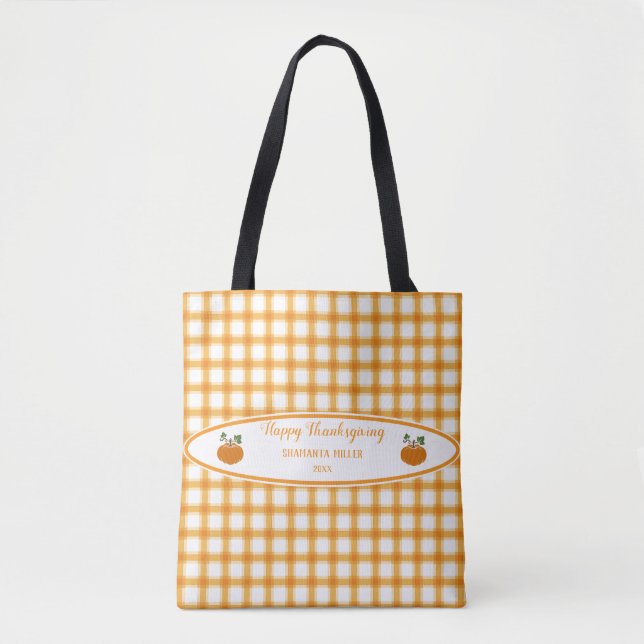 Tote Bag Élégant Thanksgiving Jaune Orange Plaid Citrouille (Devant)