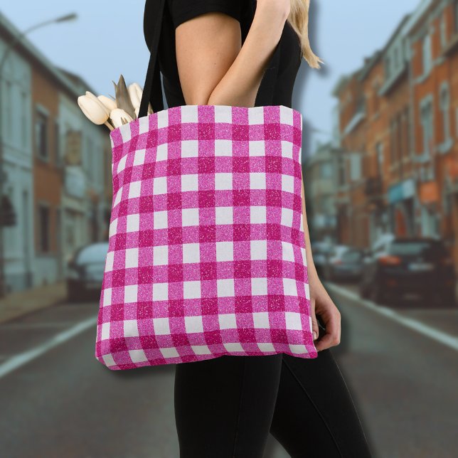 Tote Bag Elegant Valentine Pink Glitter Tartan on White (Créateur téléchargé)