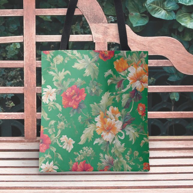 Tote Bag Élégant vert à motifs floraux (A floral tote bag with red and peach flowers on a vibrant green background. Ideal for garden lovers)