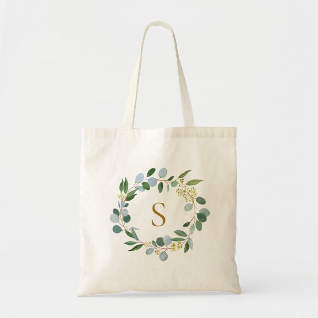 Tote Bag Élégant vert Eucalyptus Feuille Wreath Monogramme (Devant)