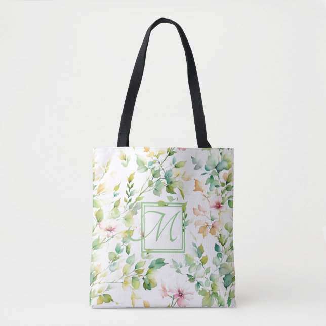 Tote Bag Elégant vert fleurs sauvages d'aquarelle (Devant)