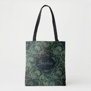 Tote Bag Élégant vert vintage damassé motif floral