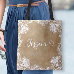 Tote Bag Élégant Vintage Blanc Contour Floral Mariage  