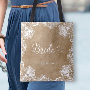 Tote Bag Élégant Vintage Blanc Outline Floral Bridal