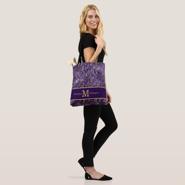 Tote Bag Élégant violet or Feuilles Monogramme Nom (Sur le modèle)