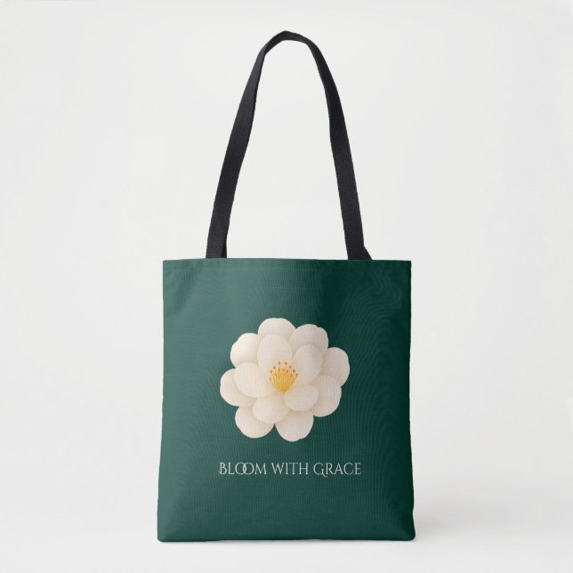 Tote Bag Elegant White Camellia Deep Green Botanical Bloom  (Devant)