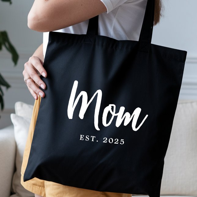 Tote Bag Elegant White Script Established New Mom (Elegant White Script Established Date New Mom Black Tote Bag)