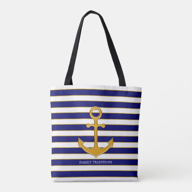 Tote Bag Elégante ancre dorée sur rayures bleues et blanche (Dos)