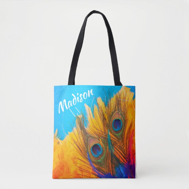 Tote Bag Elégante Aqua Blue et Yellow Peacock's Feathers (Devant)
