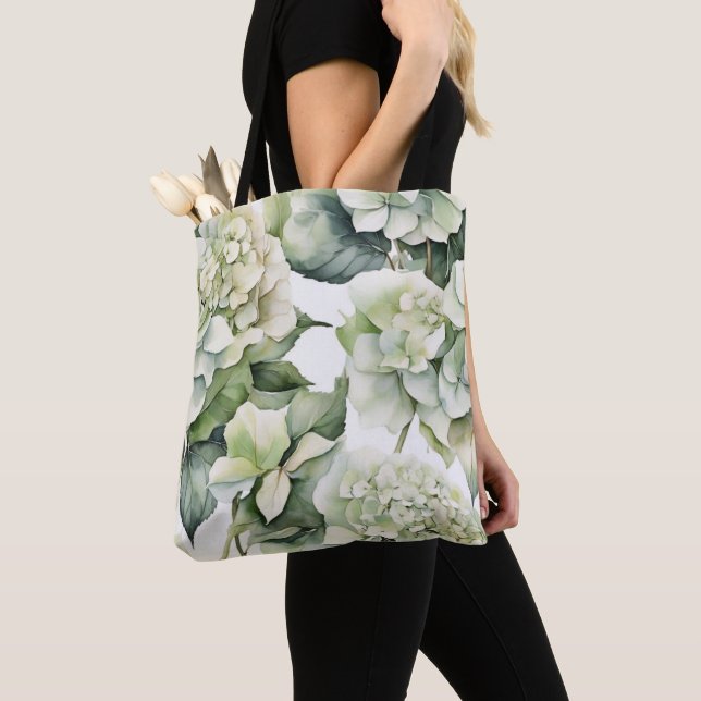 Tote Bag Elégante aquarelle blanche vert hydrangée florale (De près)