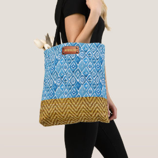 Tote Bag Elégante aquarelle bleue apparence de rotin géomét