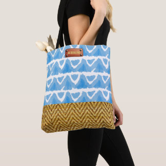 Tote Bag Elégante aquarelle bleue apparence de rotin géomét