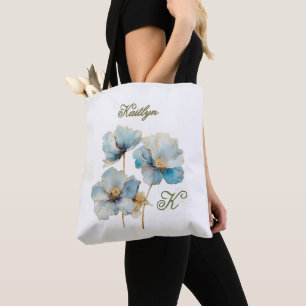 Tote Bag Elégante aquarelle Blue Poppies Monogramme Nom