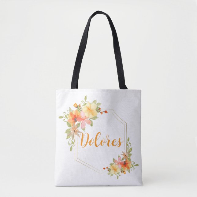 Tote Bag Elégante aquarelle Jaune Floral Nom (Devant)