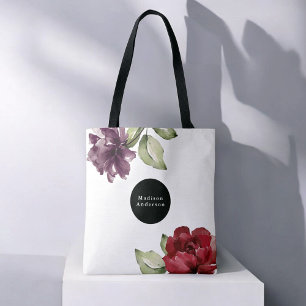 Tote Bag Elégante aquarelle rouge et violet Floral avec nom