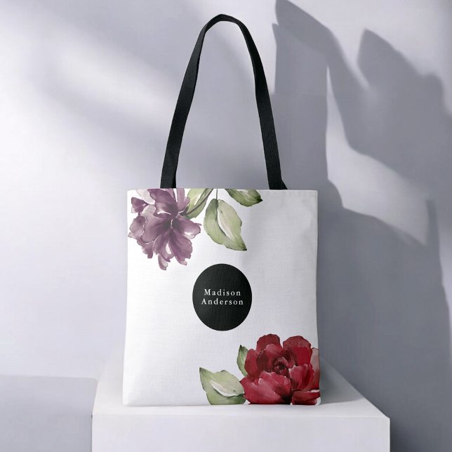 Tote Bag Elégante aquarelle rouge et violet Floral avec nom (Créateur téléchargé)