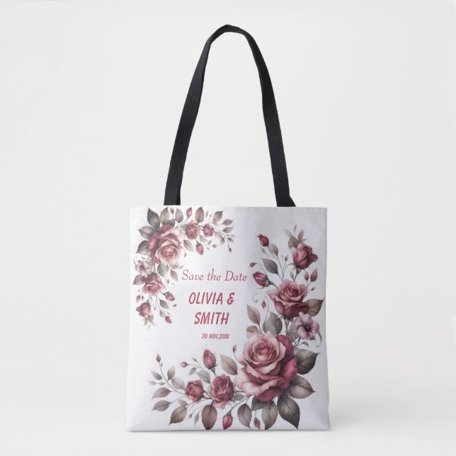 Tote Bag Elégante Bourgogne Aquarelle Roses Fourre-tout (Devant)