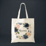 Tote Bag Élégante calligraphie florale hivernale<br><div class="desc">Cet élégant sac fourre-tout de calligraphie florale hivernale est le cadeau mariage parfait pour présenter vos demoiselles d'honneur et votre servante d'honneur pour un mariage moderne. Le design présente de belles peintes à la main bleu foncé, bleu, bleu marine, rose, rousse, fleurs d'or et feuillage vert, entassés dans d'élégants bouquets....</div>
