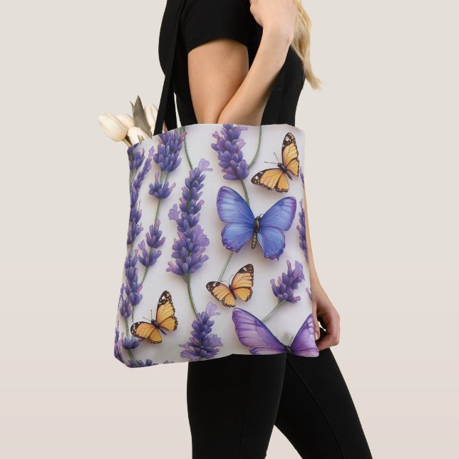 Tote Bag Elégante conception papillon et lavande (De près)