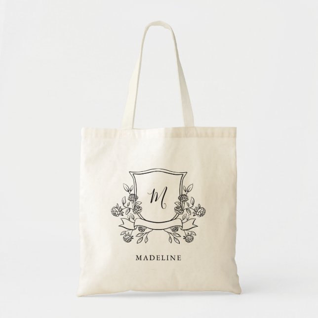 Tote Bag Élégante crête florale | Monogramme et nom (Devant)