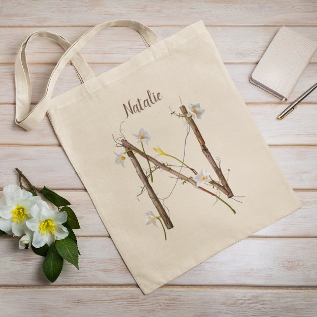 Tote Bag Élégante Daffodiles Blanches Monogramme Floral N P (Créateur téléchargé)