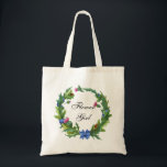 Tote Bag Élégante écossaise chardon floral fille<br><div class="desc">Ce sac fourre-tout de fête nuptiale comporte le texte "Flower Girl" entouré d'une élégante couronne d'aquarelle fleurie de chardon écossais et feuillage en vert et rose avec un arc bleu et ruban tissé à travers les feuilles. Le texte peut être personnalisé en modifiant la zone de texte. Conçu pour coordonner...</div>