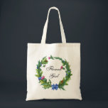 Tote Bag Élégante écossaise chardon floral fille<br><div class="desc">Ce sac fourre-tout de fête nuptiale comporte le texte "Flower Girl" entouré d'une élégante couronne d'aquarelle fleurie de chardon écossais et feuillage en vert et rose avec un arc bleu et ruban tissé à travers les feuilles. Le texte peut être personnalisé en modifiant la zone de texte. Conçu pour coordonner...</div>