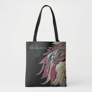 Tote Bag Elégante feuille de plume abstrait noir turquoise