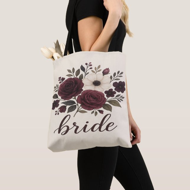 Tote Bag Élégante Fleur Burgundy Mariée  (De près)