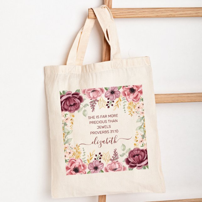 Tote Bag Élégante fleur rose pastel Proverbes 31 (Créateur téléchargé)