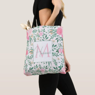 Tote Bag Elégante Fleurs Roses Blanches Aquarelle Florale