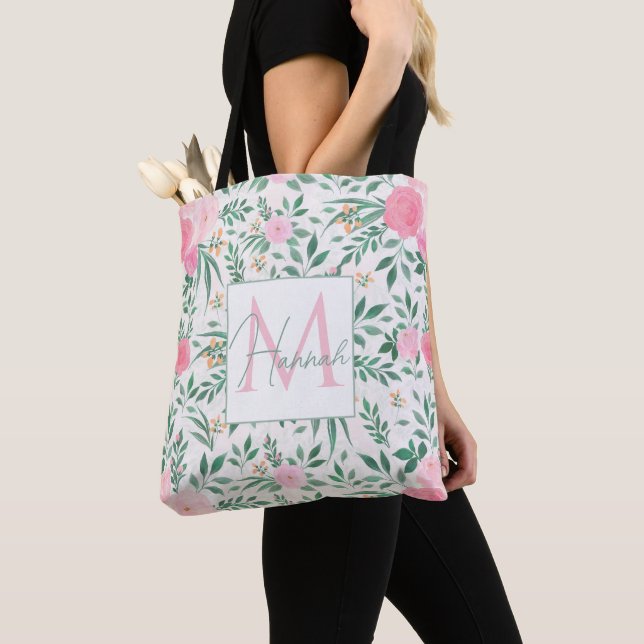 Tote Bag Elégante Fleurs Roses Blanches Aquarelle Florale (De près)