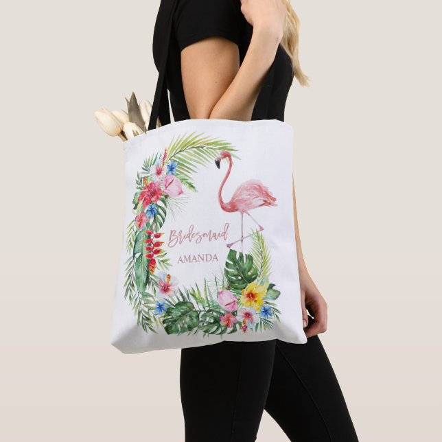 Tote Bag Élégante Fleurs tropicales Flamant rose Bridesmaid (De près)