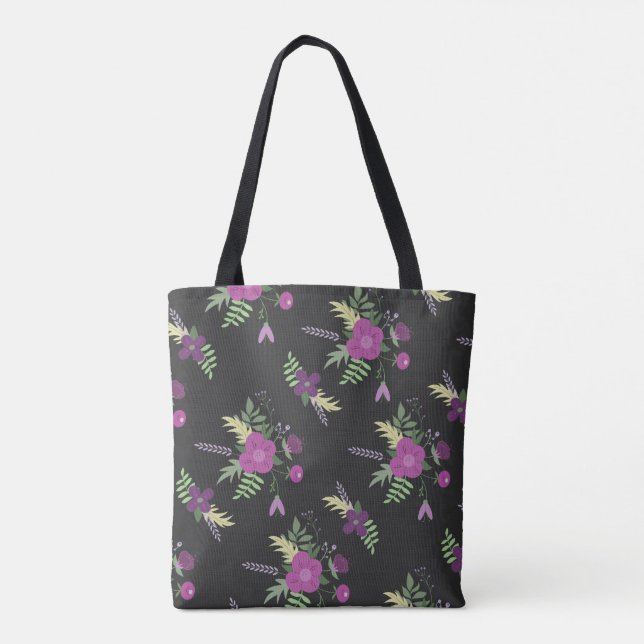 Tote Bag Elégante Fleurs violettes Art sur Noir (Dos)