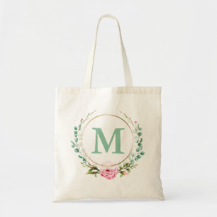 Tote Bag Élégante florale de rose rose Wreath Your Monogr