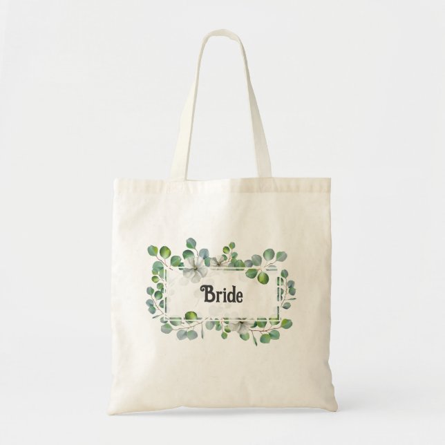 Tote Bag Élégante Florale Verte Mariée de Style (Devant)